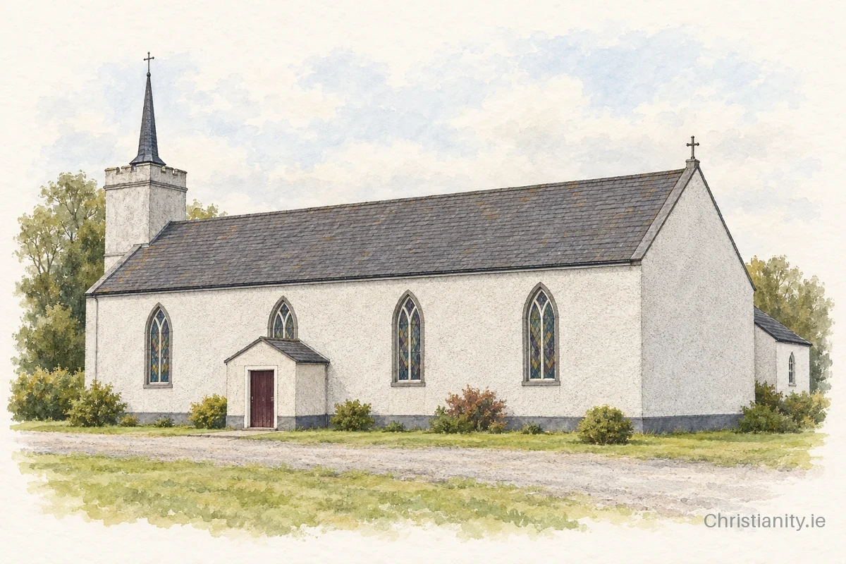 Watercolour and ink illustration of St Brigid's Church, Four Mile House