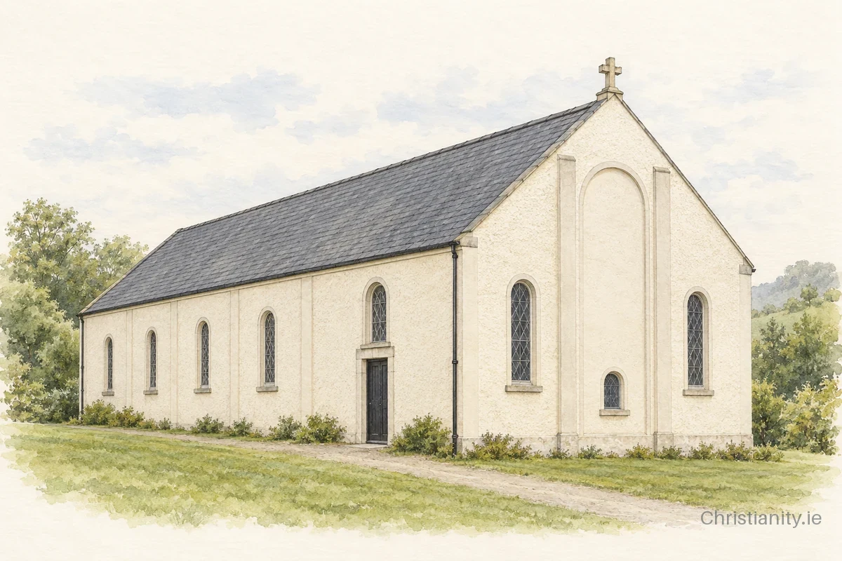 Watercolour and ink illustration of St Brigid's, Creevelea
