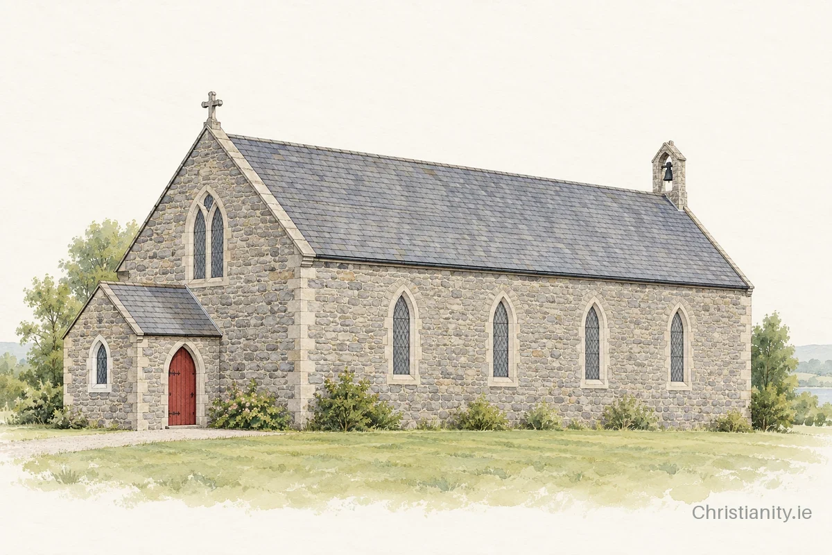 Watercolour and ink illustration of St. Caimin’s Church, Mountshannon