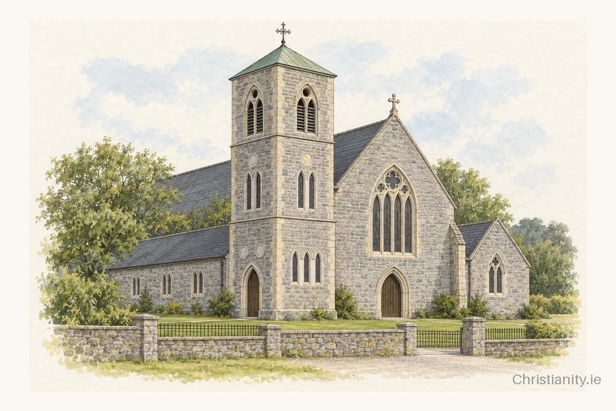 Watercolour and ink illustration of St. Canice, Clough