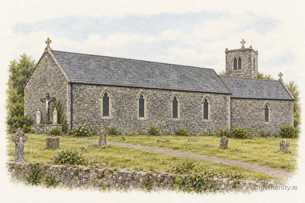 Watercolour and ink illustration of St. Catherine's Church, Aughrim