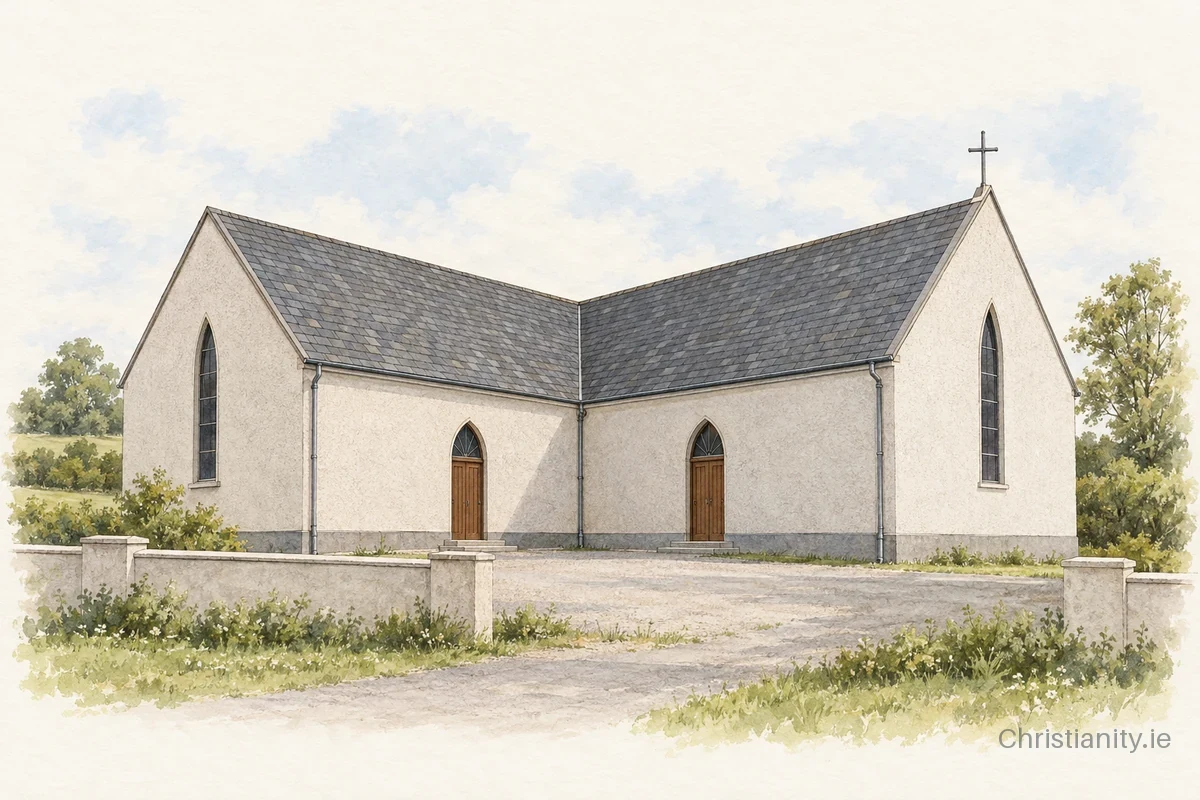 Watercolour and ink illustration of St Cecilia's Church, Curraghroe