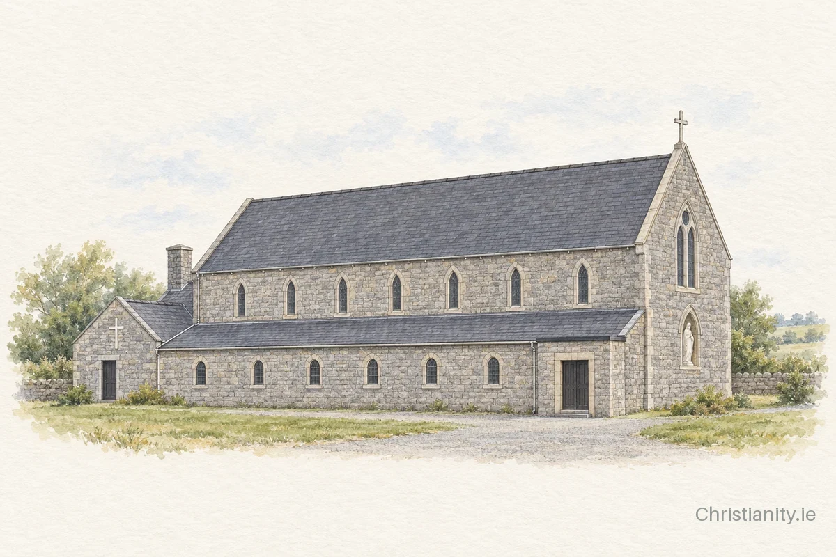 Watercolour and ink illustration of St. Ciaran's Church, Castledaly