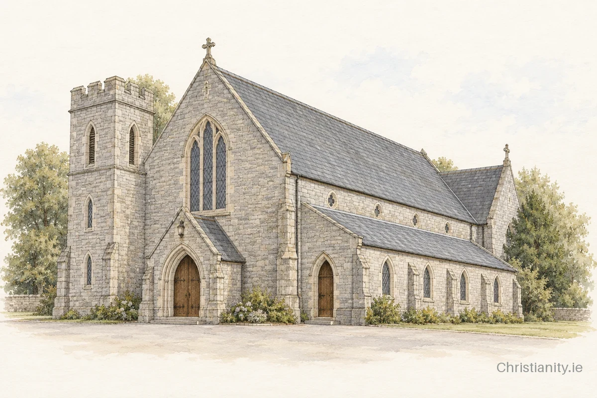 Watercolour and ink illustration of St Clare’s Church, Carlow
