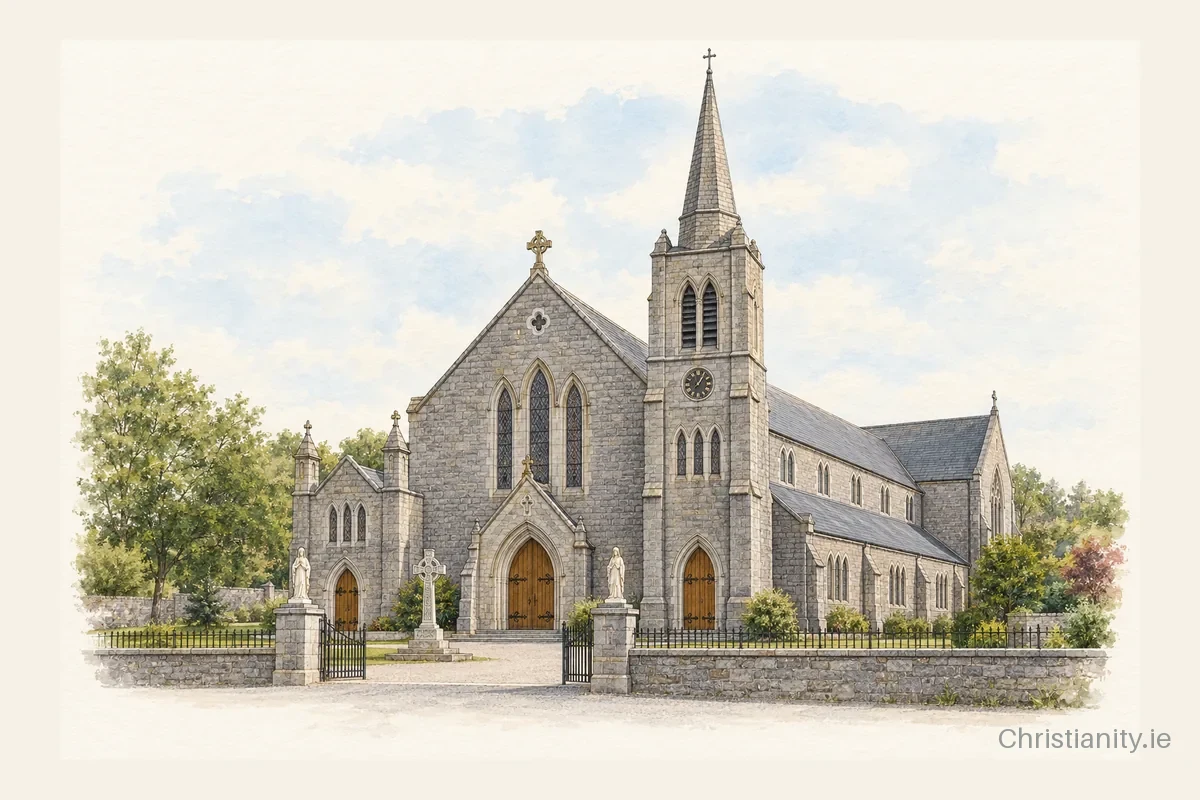 Watercolour and ink illustration of St Colman, Gort