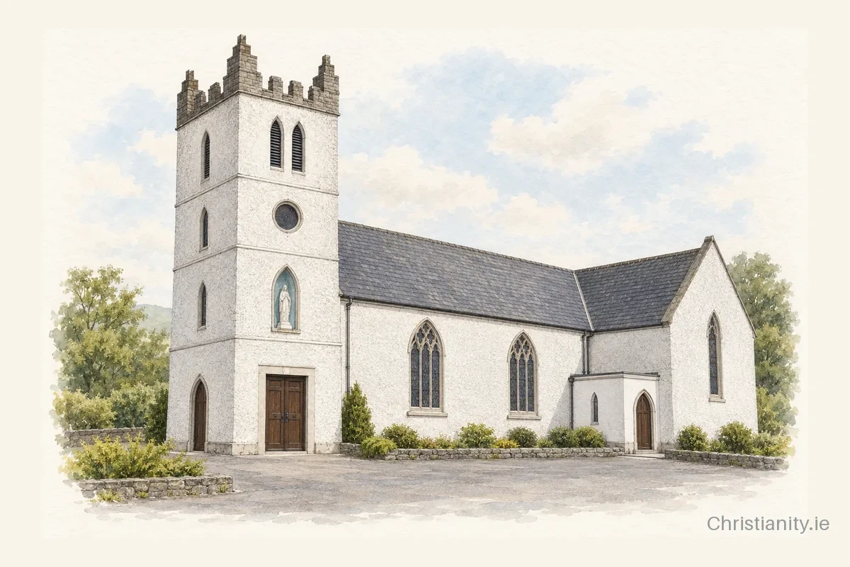 Watercolour and ink illustration of St Colman's Church, Corofin