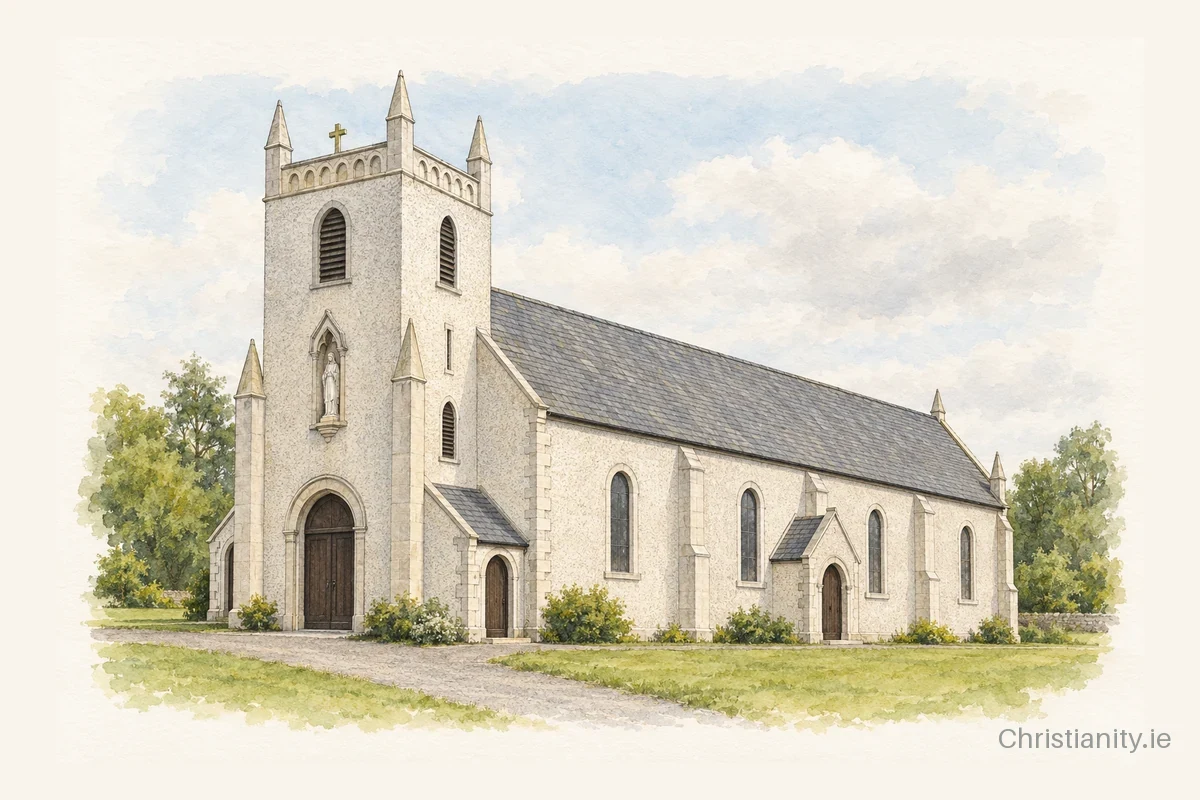 Watercolour and ink illustration of St Colmcille’s Church, Aughnacliffe