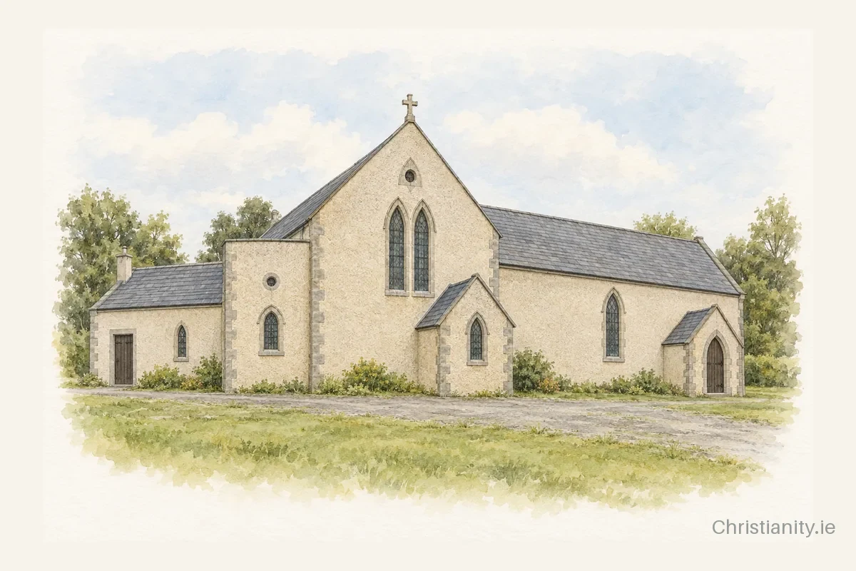 Watercolour and ink illustration of St. Columba's, Bweeng