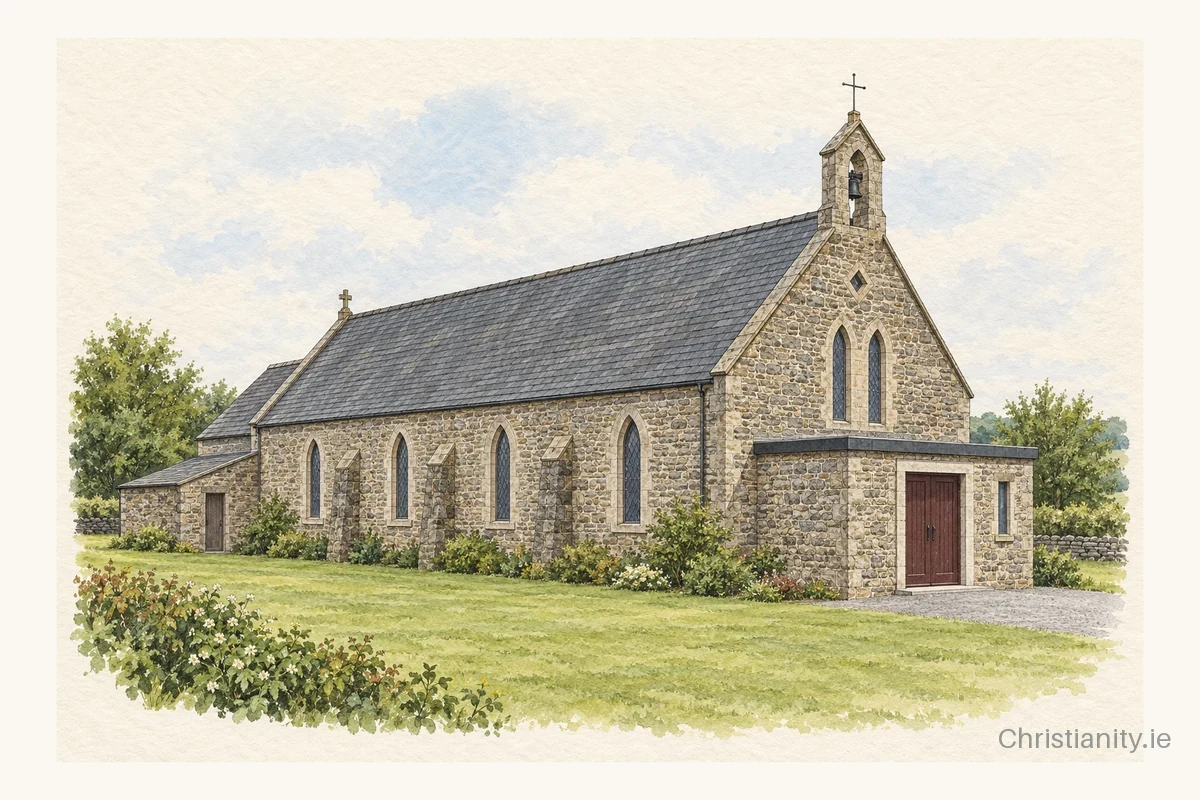 Watercolour and ink illustration of St Columba's Catholic Church Plains
