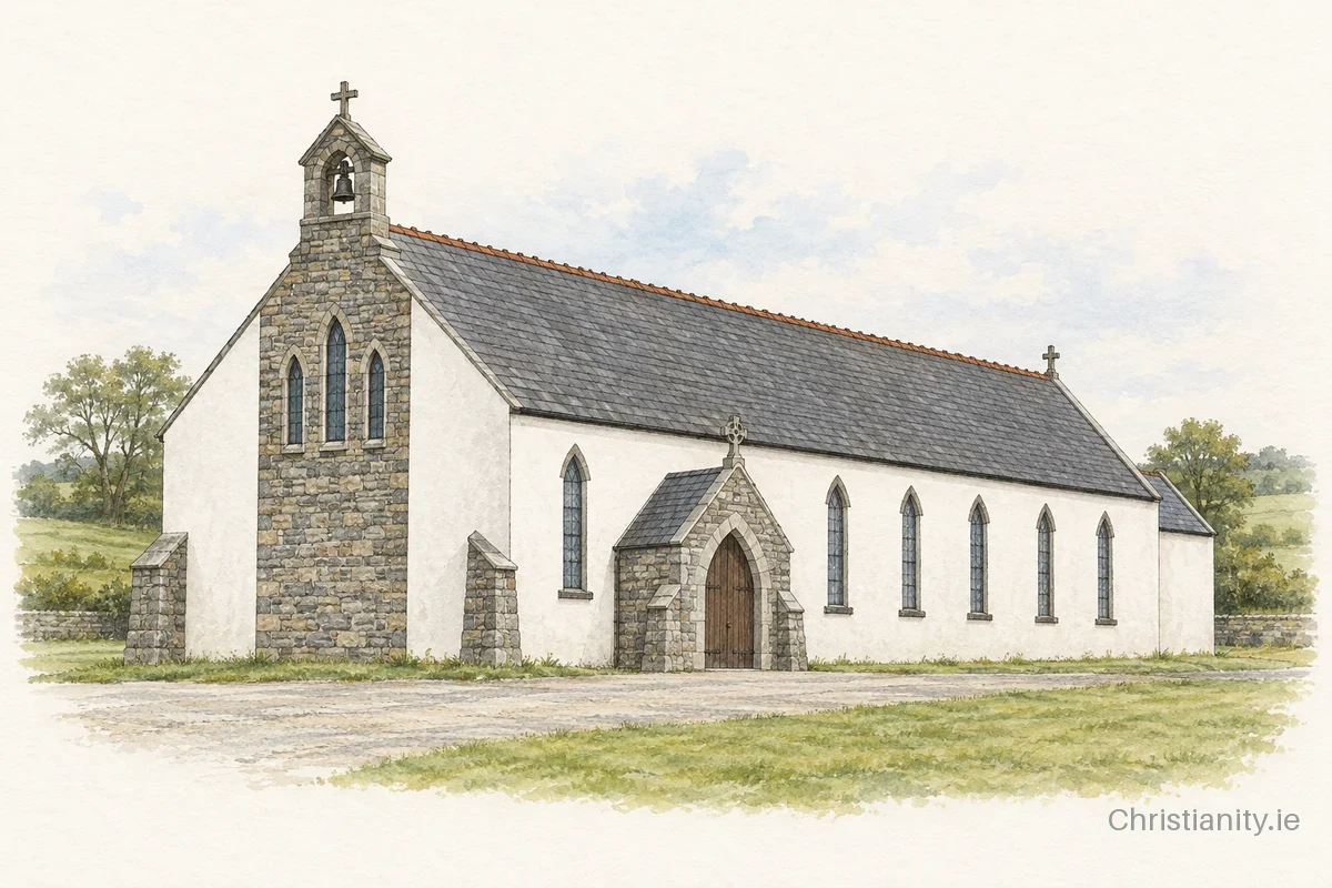 Watercolour and ink illustration of St Colum's Church, Gleann