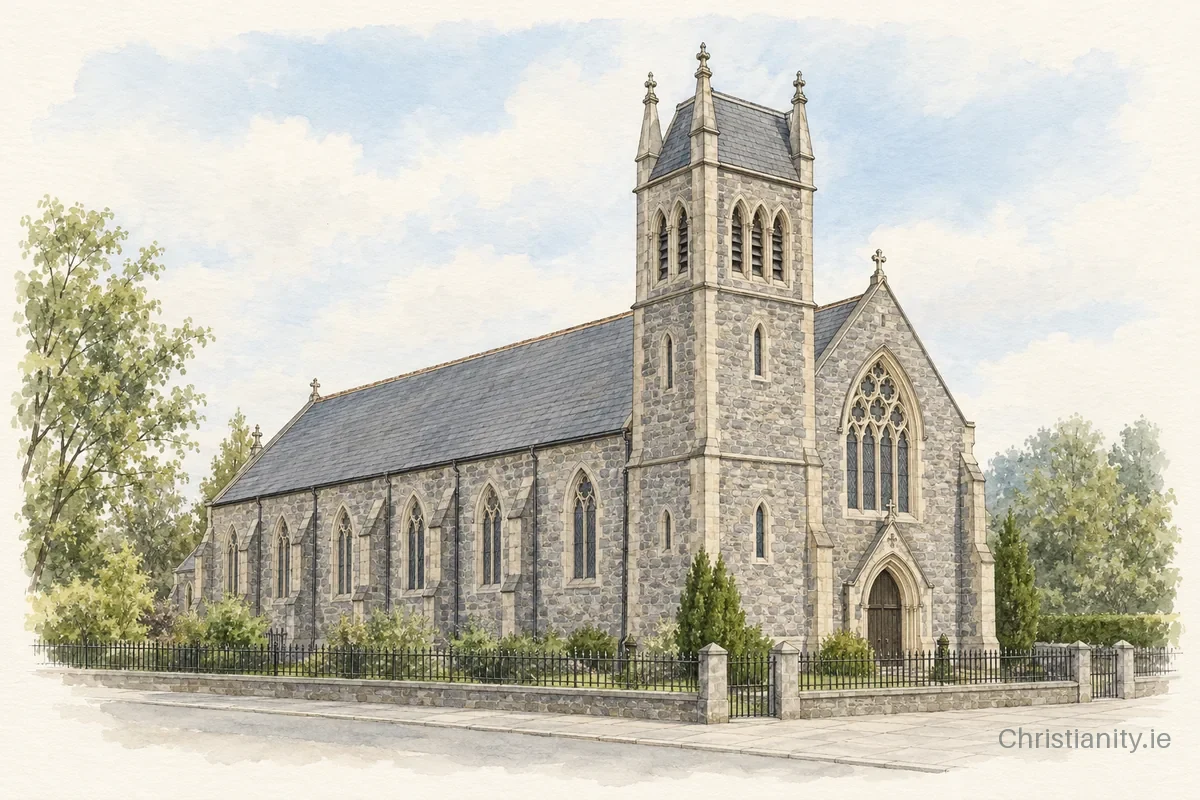 Watercolour and ink illustration of St. Comgall's Church, Bangor