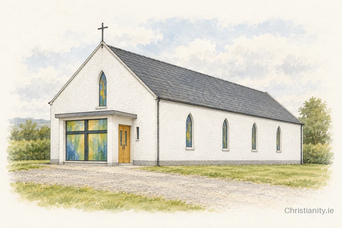 Watercolour and ink illustration of St. Cormac's Church, Moygownagh
