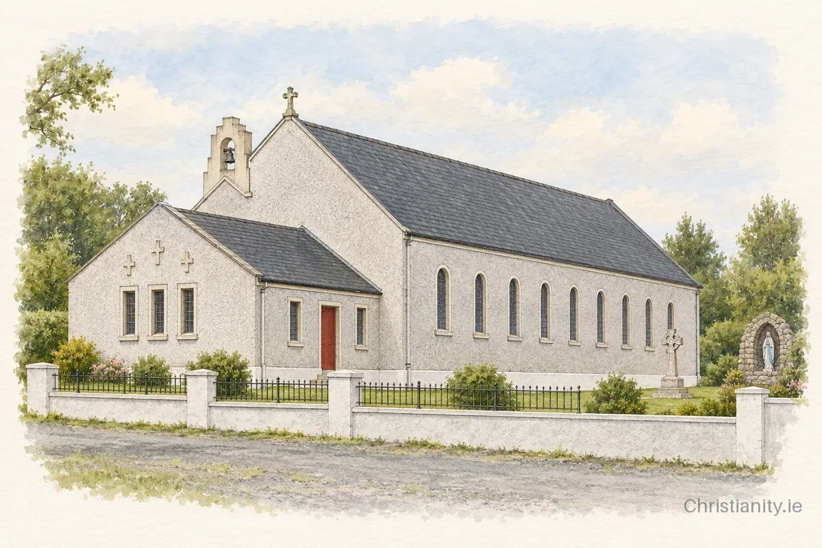 Watercolour and ink illustration of St Croan's Church, Ballymoe