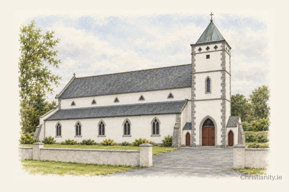 Watercolour and ink illustration of St Cuan's Church, Ahascragh