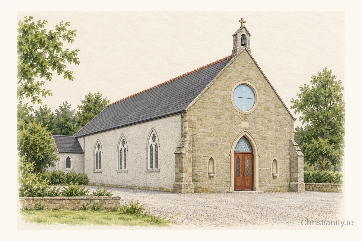 Watercolour and ink illustration of St. Cuimin Church, Barna
