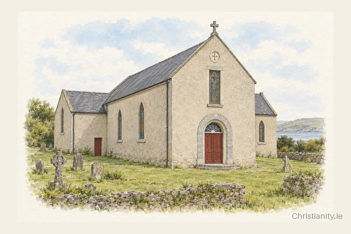 Watercolour and ink illustration of St. Declan's Church, Ardmore