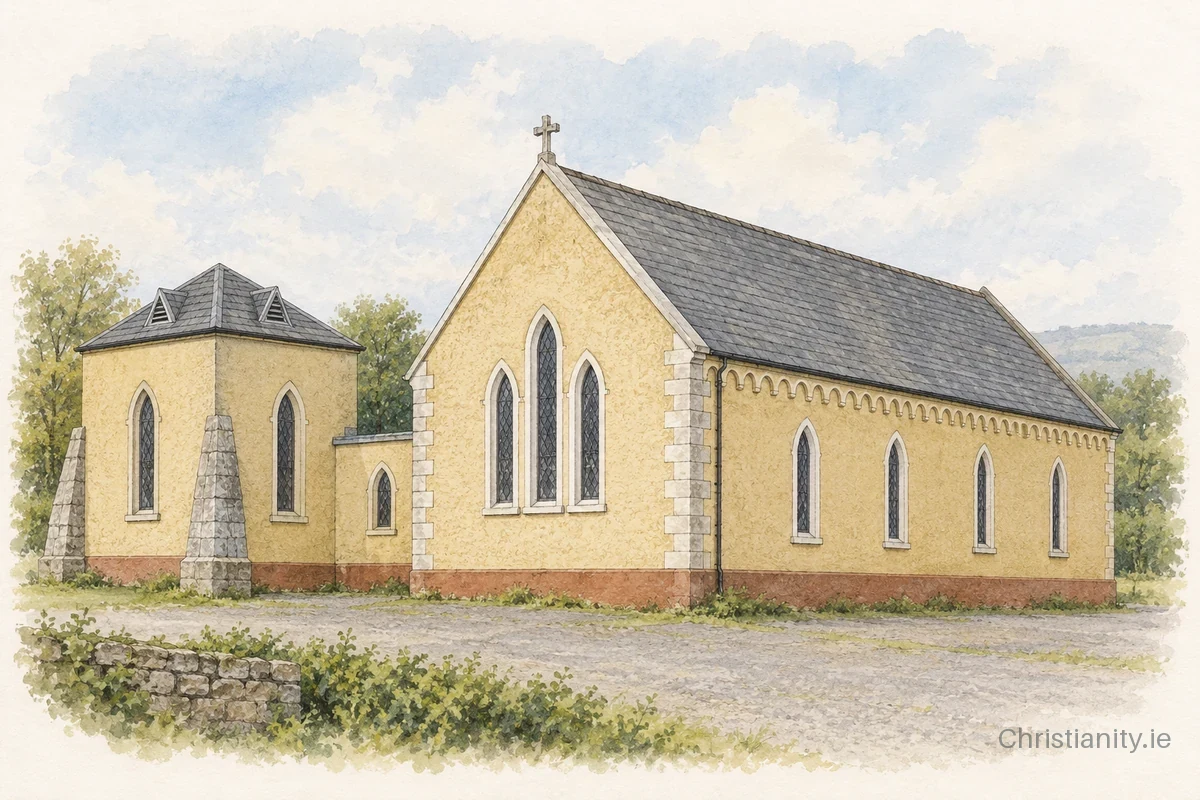 Watercolour and ink illustration of St. Dympna's Church, Upper Lavey