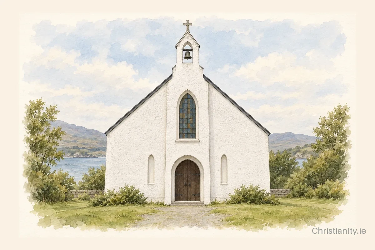 Watercolour and ink illustration of St Fachtna’s Church, Adrigole