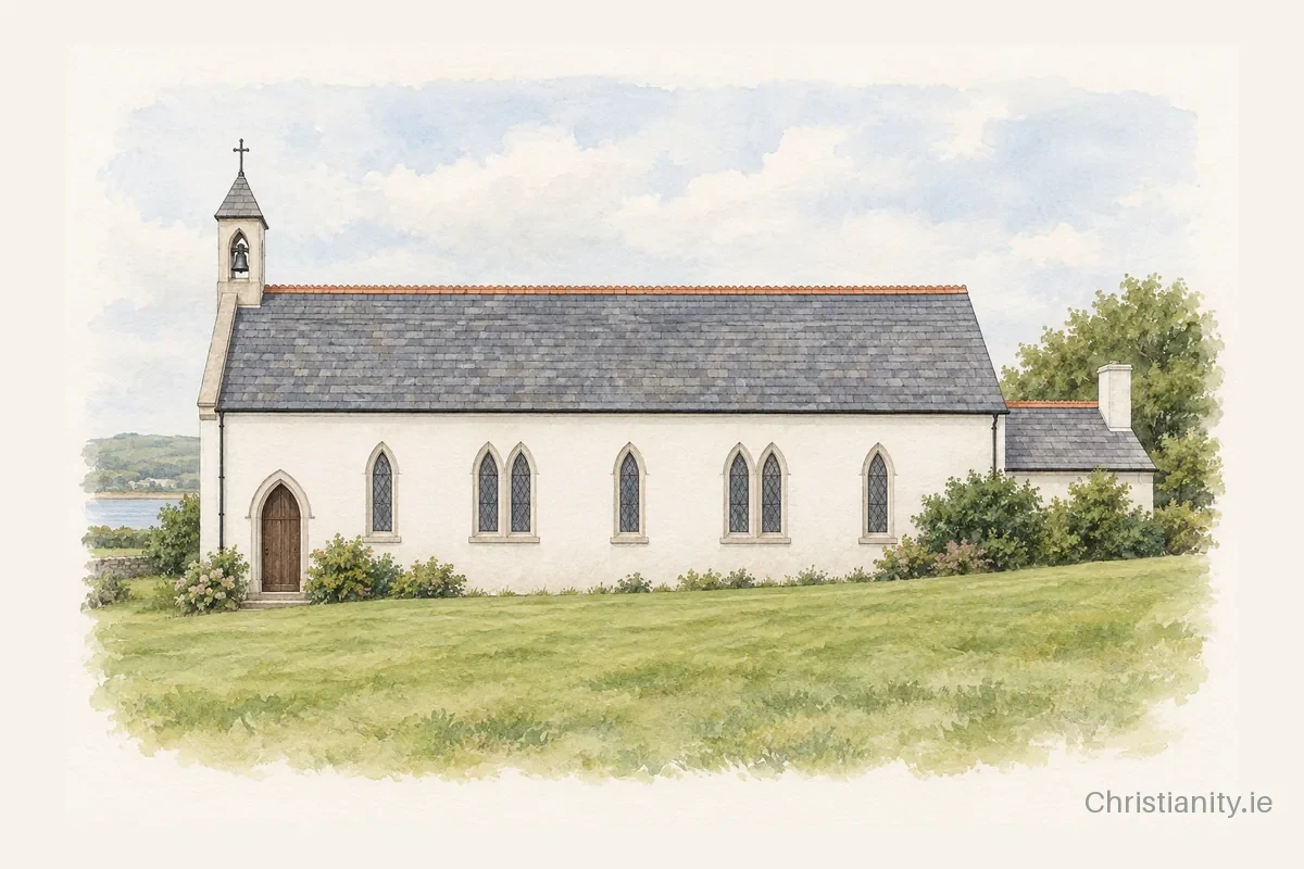 Watercolour and ink illustration of St. Fachtna's Church, Glandore