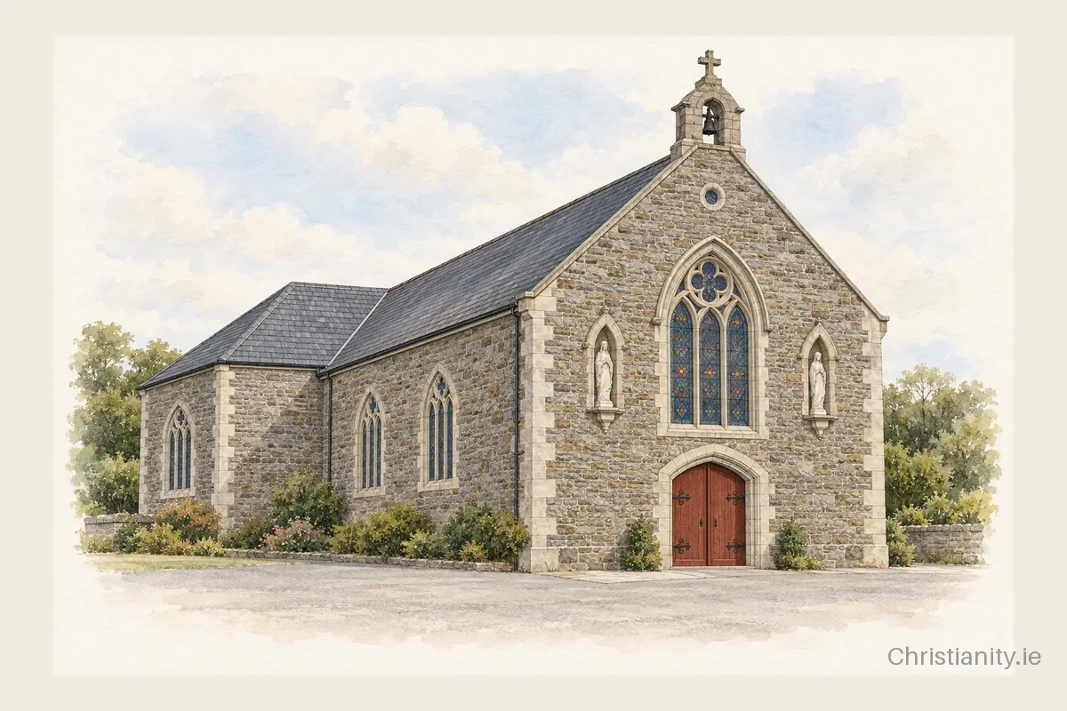 Watercolour and ink illustration of St. Fachtna’s Church, Rosscarbery
