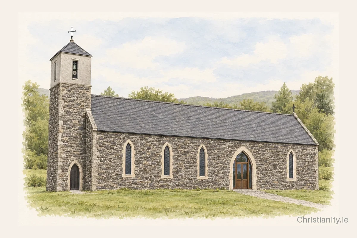 Watercolour and ink illustration of St Fiachna's Church, Bonane