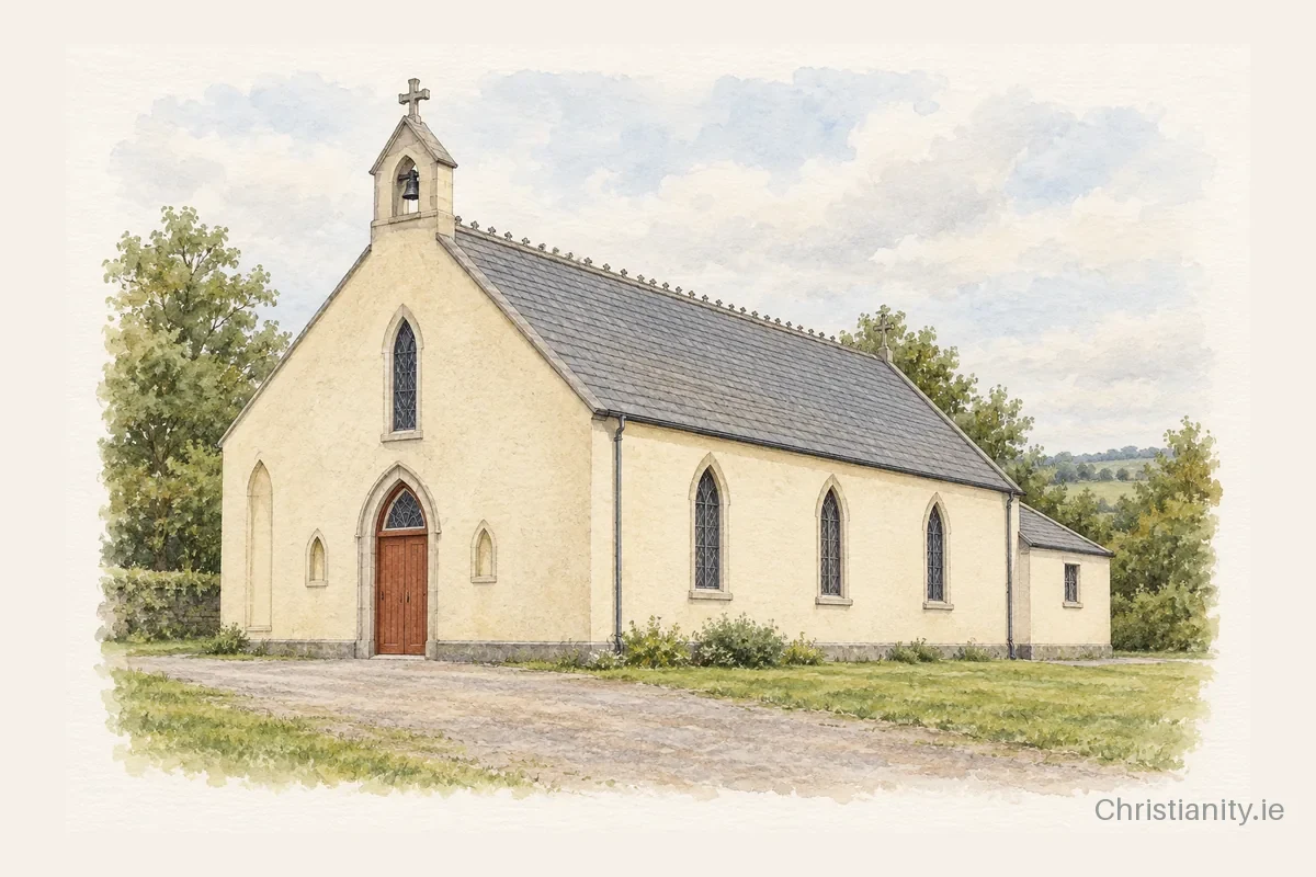 Watercolour and ink illustration of St. Finbarr’s Church, Toames