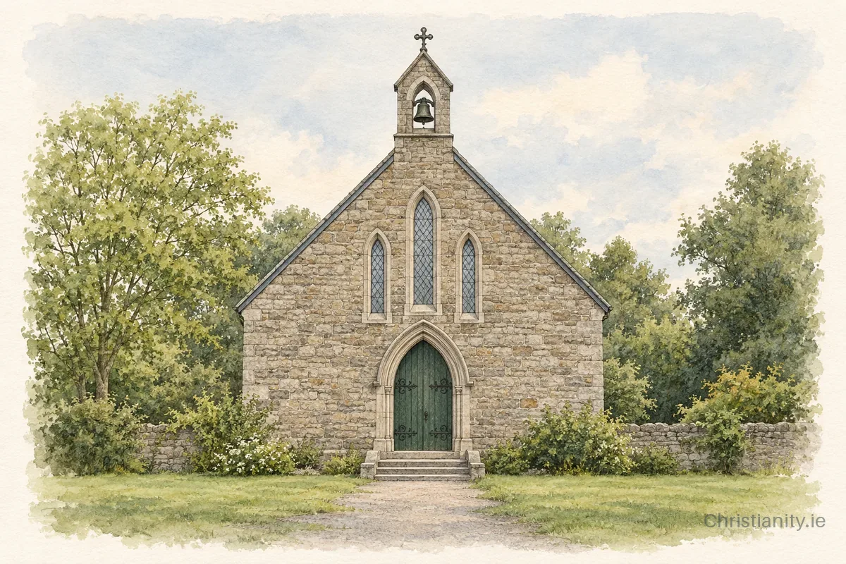 Watercolour and ink illustration of St. Finian’s Church, Kilquiggan