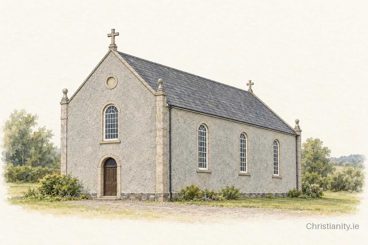 Watercolour and ink illustration of St. Fintan’s Church, Ballinabranna