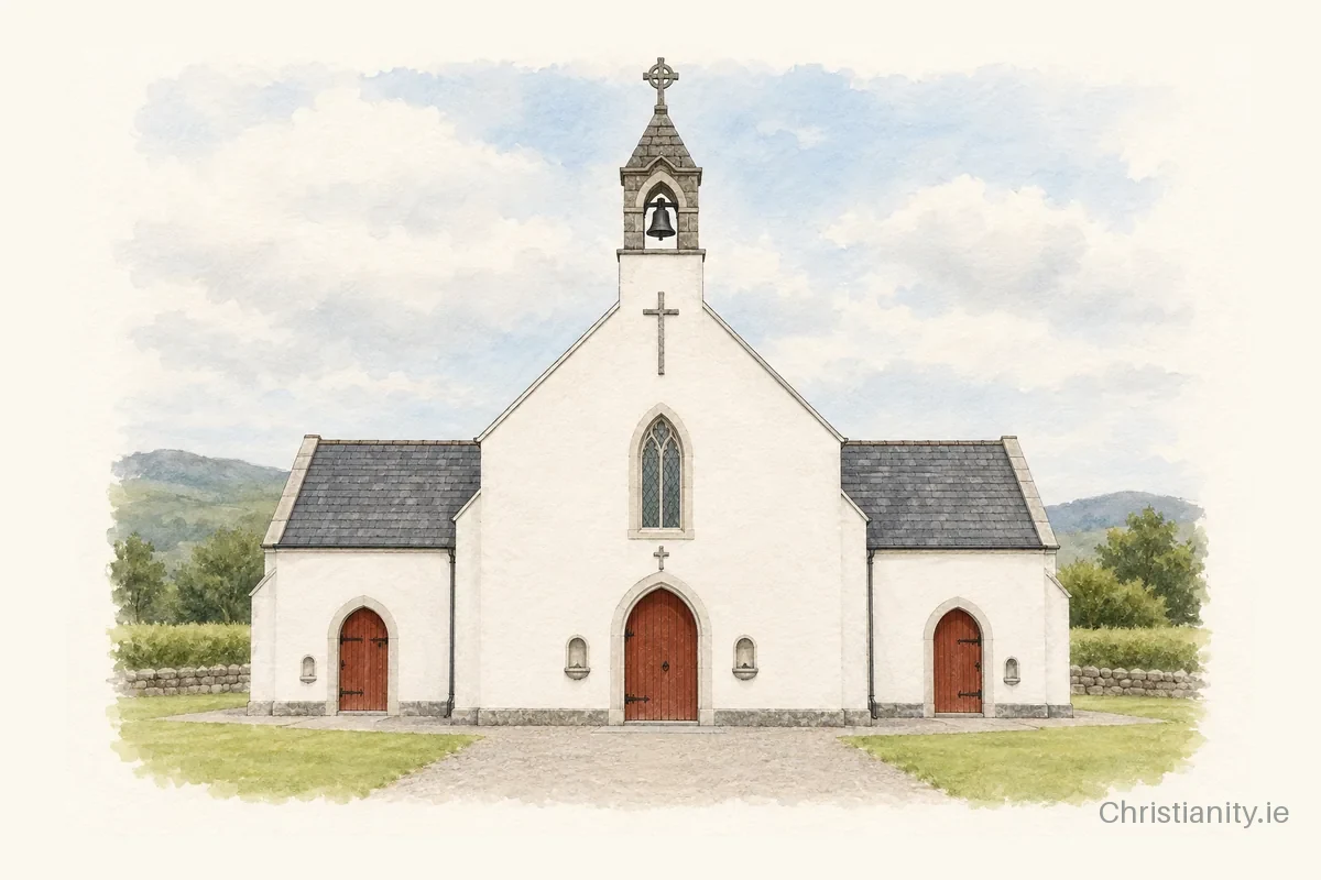 Watercolour and ink illustration of St. Gobnait's, Baile Bhuirne (Ballyvourney)