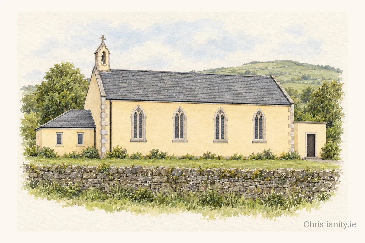 Watercolour and ink illustration of St. Ita's Church, Ashford