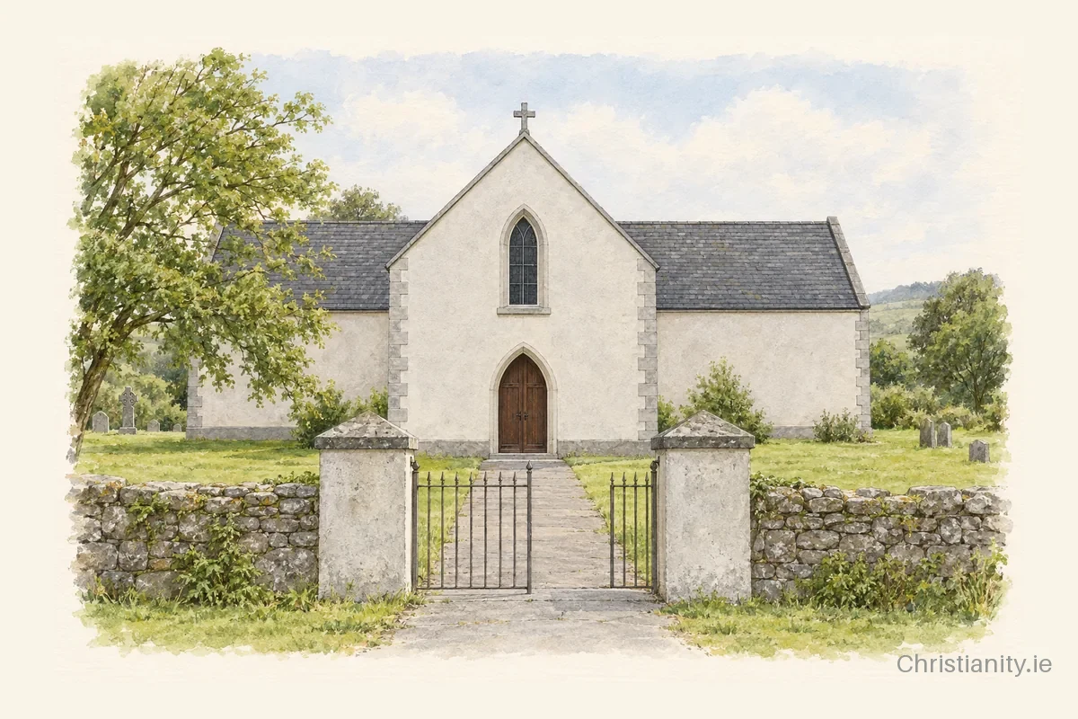 Watercolour and ink illustration of St. James Church, Ballinameela