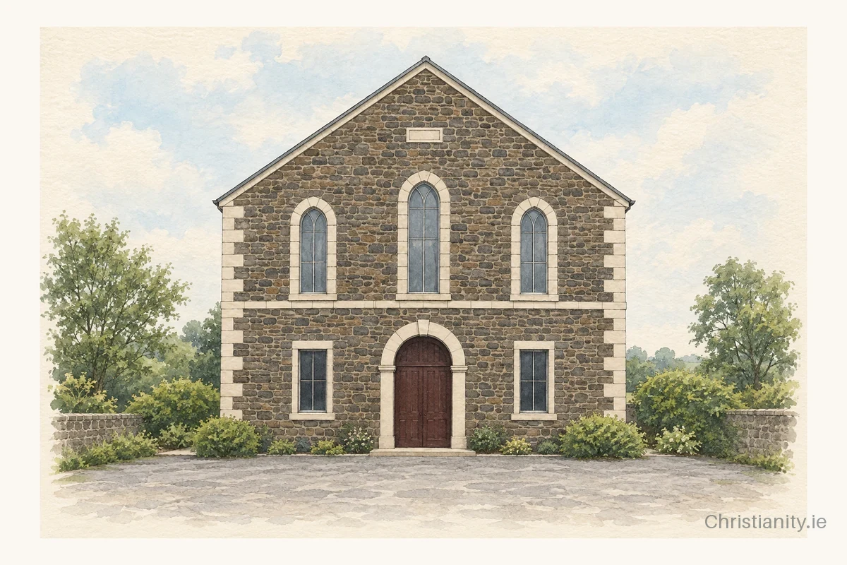 Watercolour and ink illustration of St James' Presbyterian Church