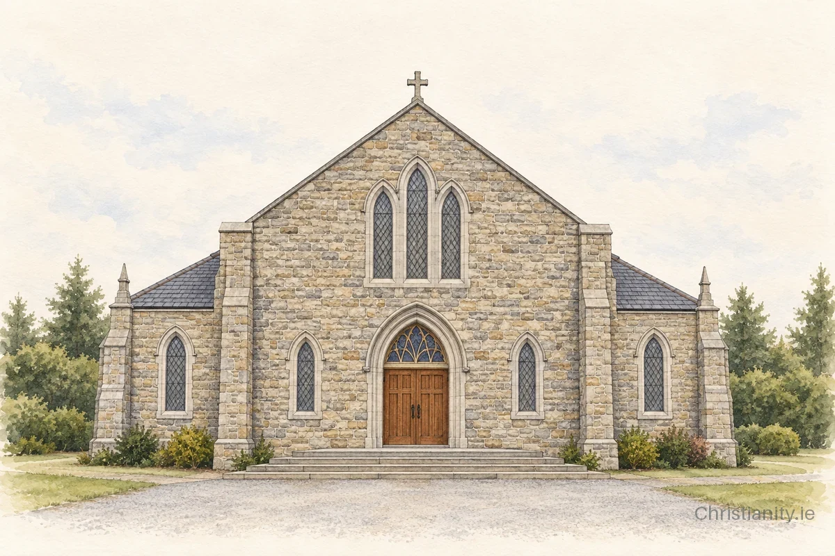 Watercolour and ink illustration of St Joseph’s Church, Aughavas