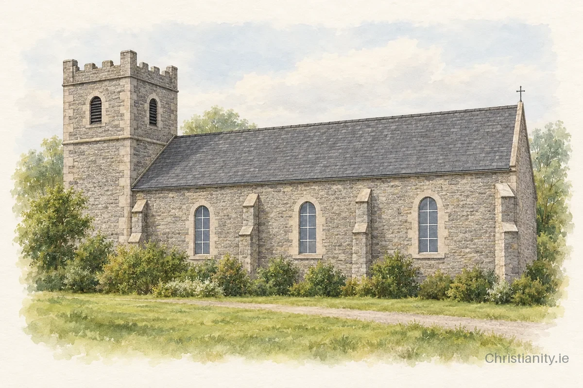 Watercolour and ink illustration of St Joseph's Church, Ballyforan