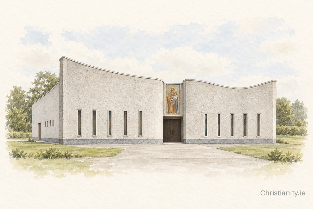 Watercolour and ink illustration of St Joseph's Church, Ballytivnan