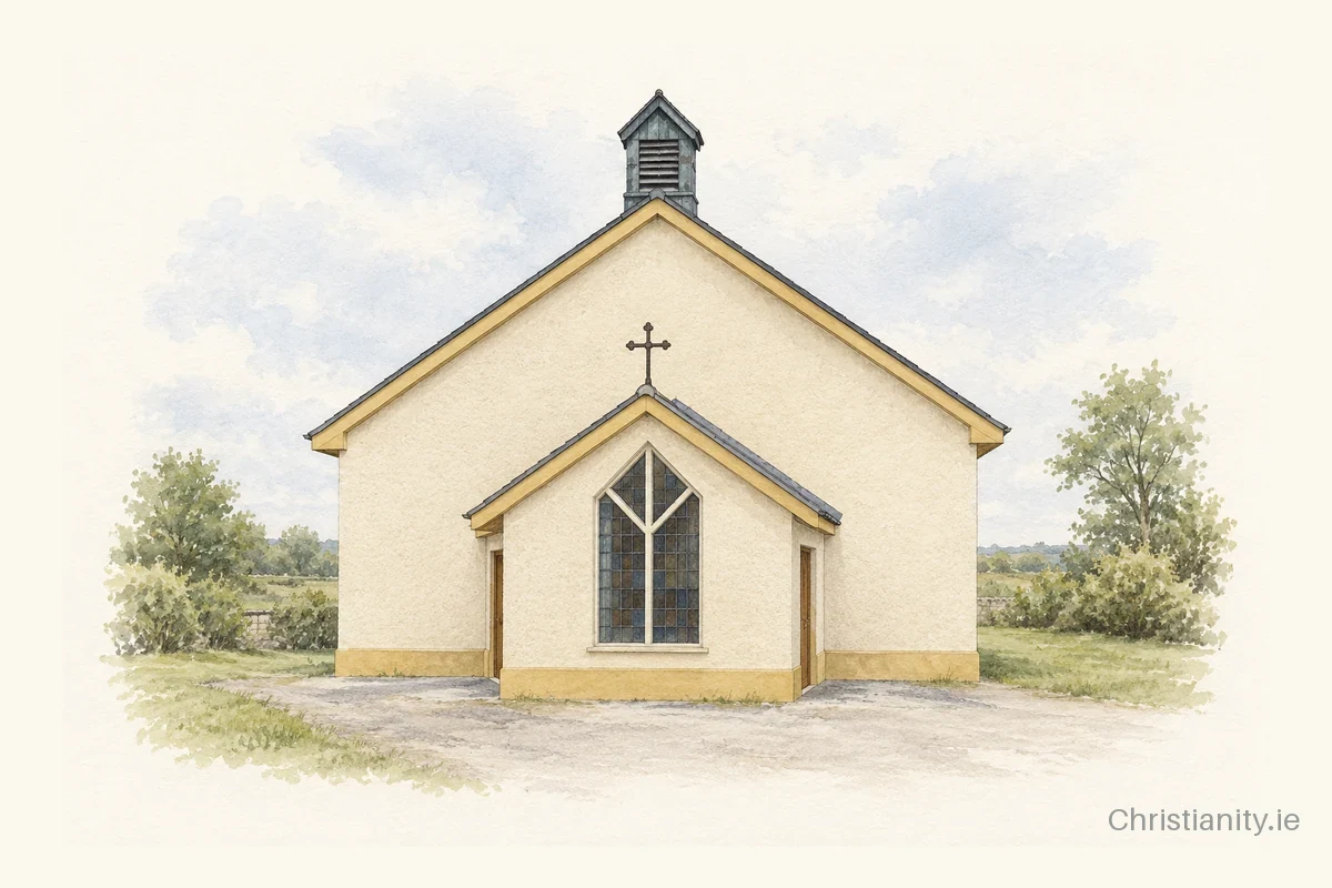 Watercolour and ink illustration of St Joseph’s Church, Carras