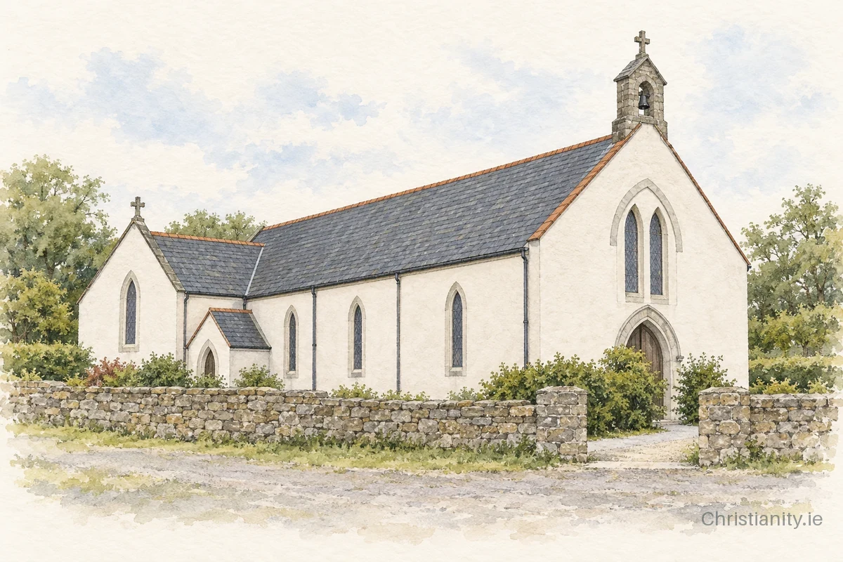 Watercolour and ink illustration of St Joseph's Church, Geevagh