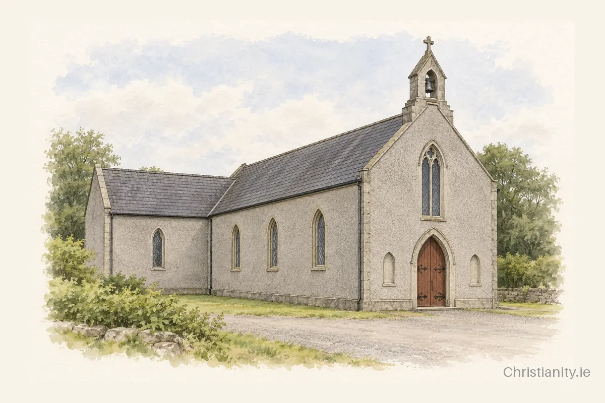 Watercolour and ink illustration of St. Joseph's Church, Killacluig