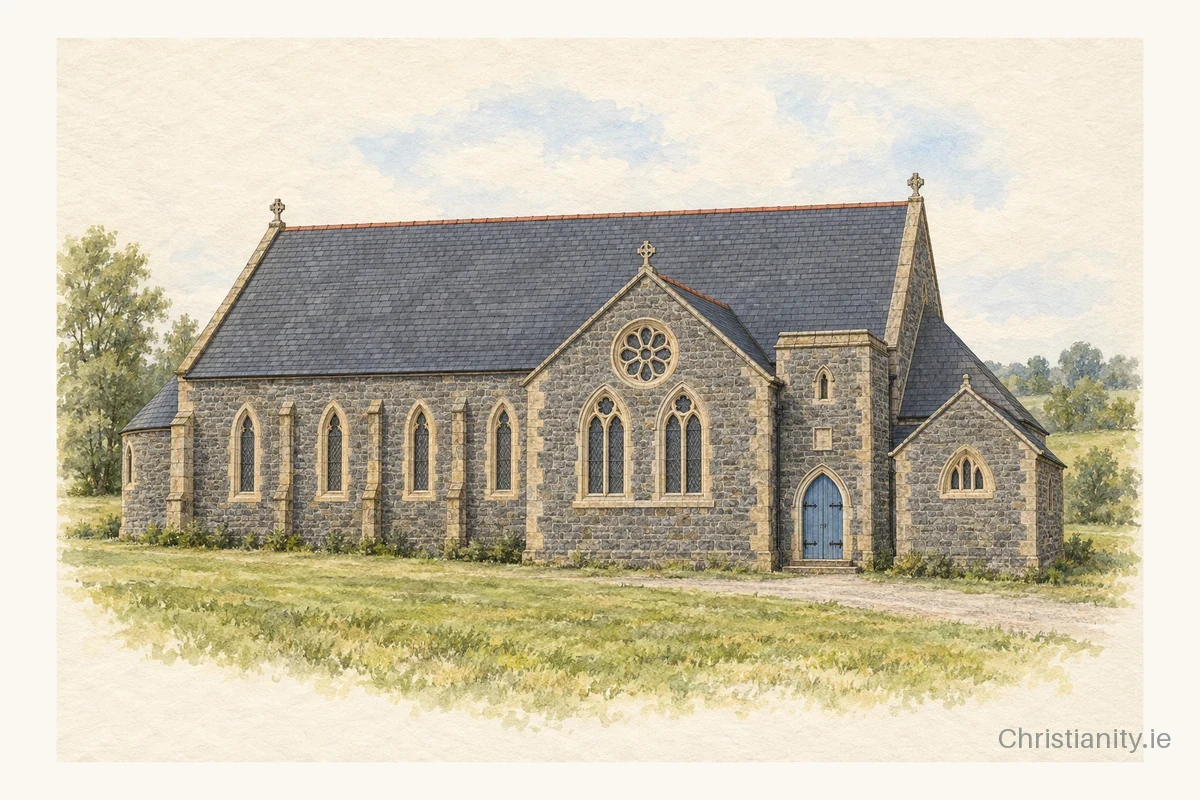 Watercolour and ink illustration of St Joseph’s Church, Knockatallon