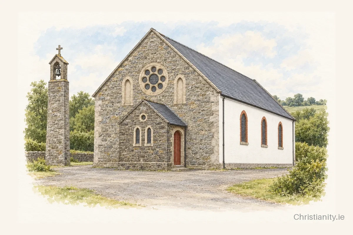 Watercolour and ink illustration of St. Joseph's Church, Meelin
