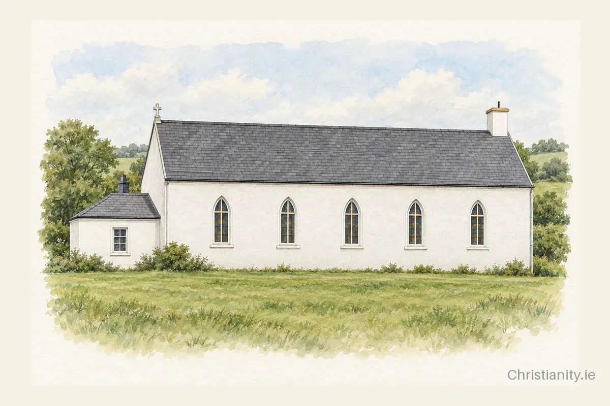 Watercolour and ink illustration of St. Jospeh's Church, Lyre