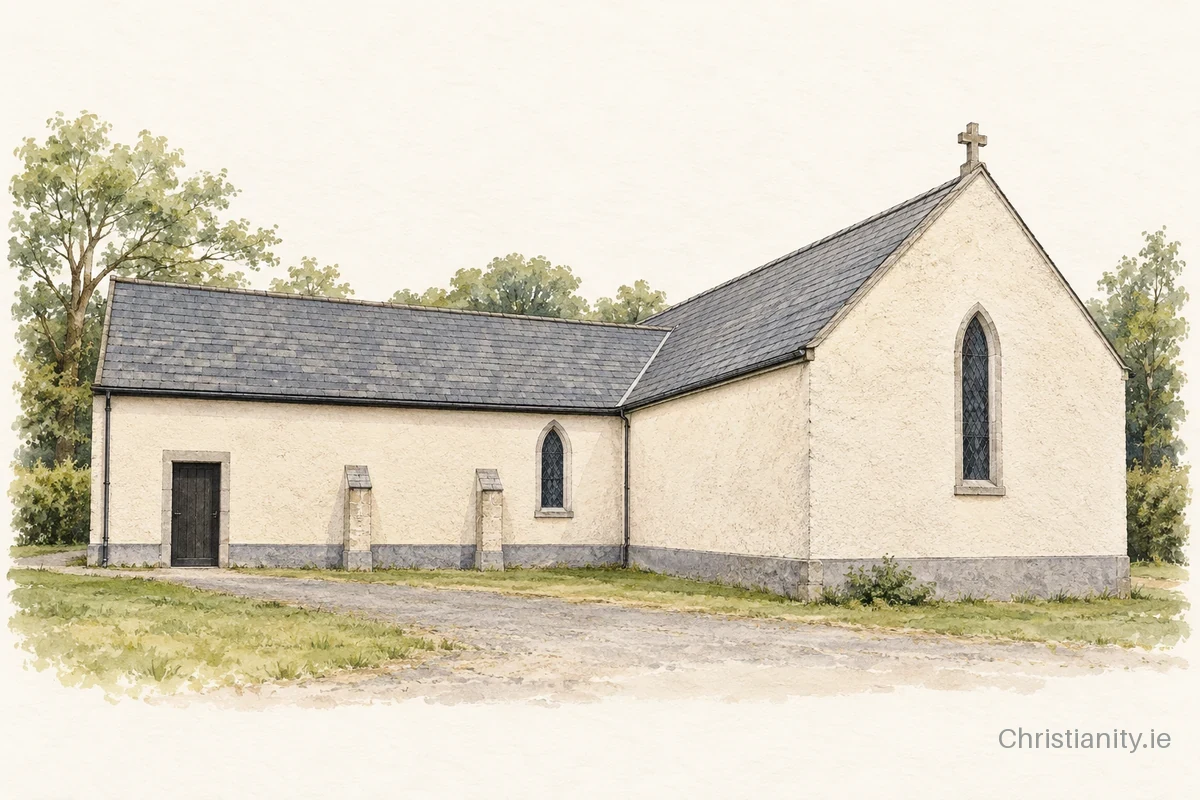 Watercolour and ink illustration of St. Laserian's Church, Drumphea