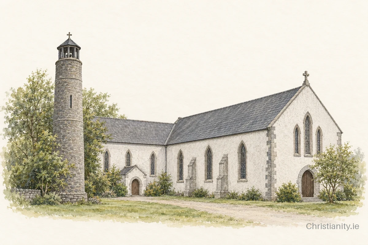 Watercolour and ink illustration of St Laserian’s, Leighlin
