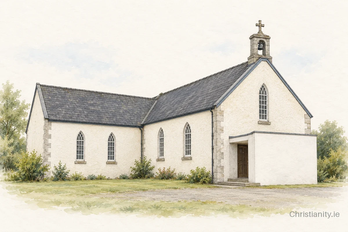 Watercolour and ink illustration of St. Lazerian’s Church, Ballinkillen