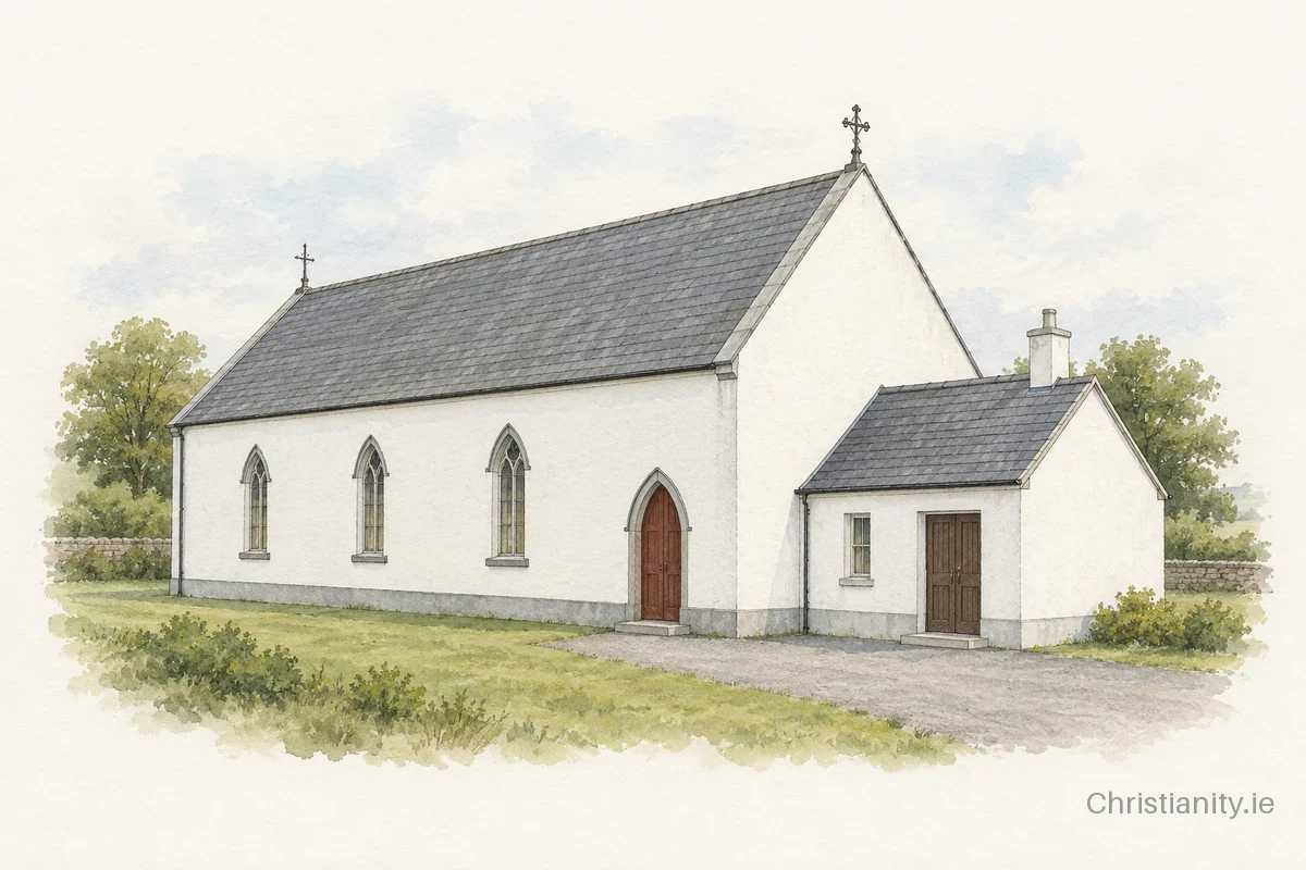 Watercolour and ink illustration of St. Luke's Church, Meelick