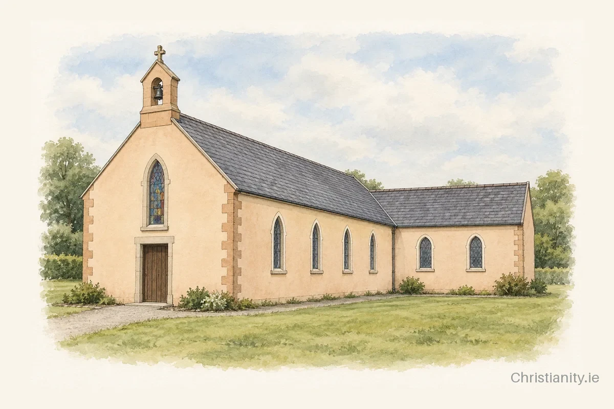 Watercolour and ink illustration of St. Mary's Church, Ballinrostig