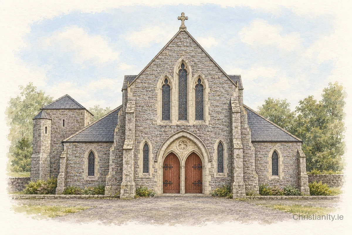 Watercolour and ink illustration of St Mary’s Church, Crosserlough