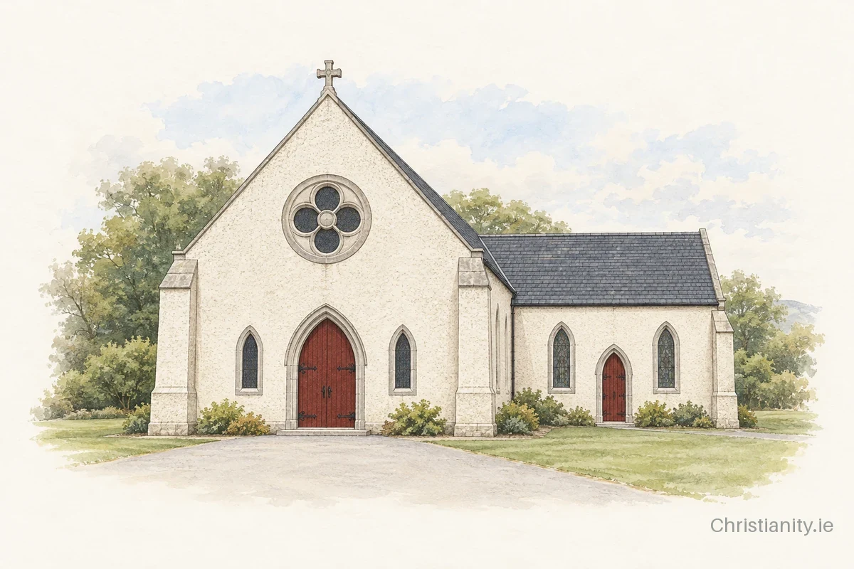 Watercolour and ink illustration of St Mary’s Church, Gortletteragh