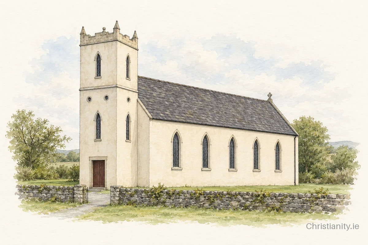 Watercolour and ink illustration of St Mary's Church, Kilbegnet