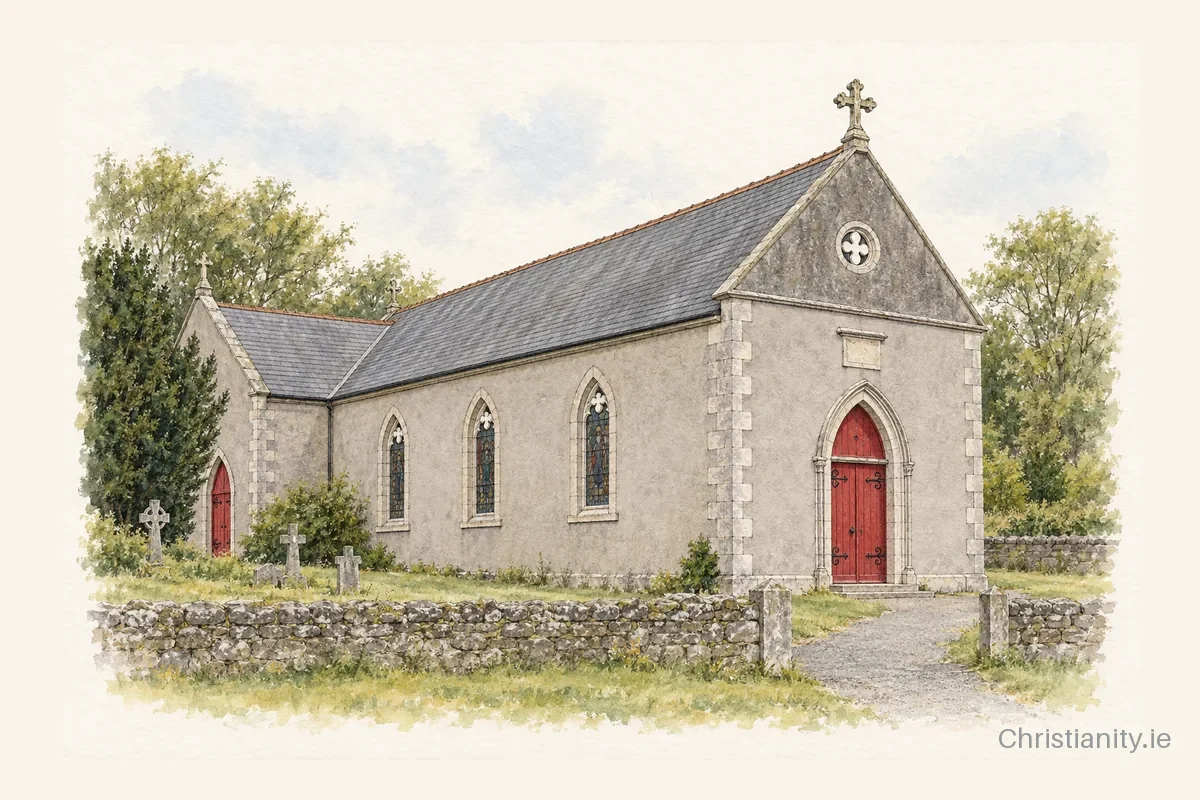 Watercolour and ink illustration of St. Mary's Church, Moylagh